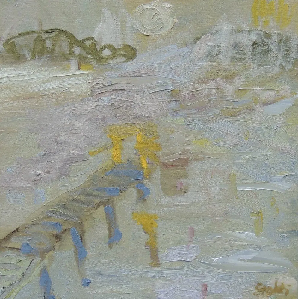 Jetty in fog SOLD oil on linen by artist Sally Stokes