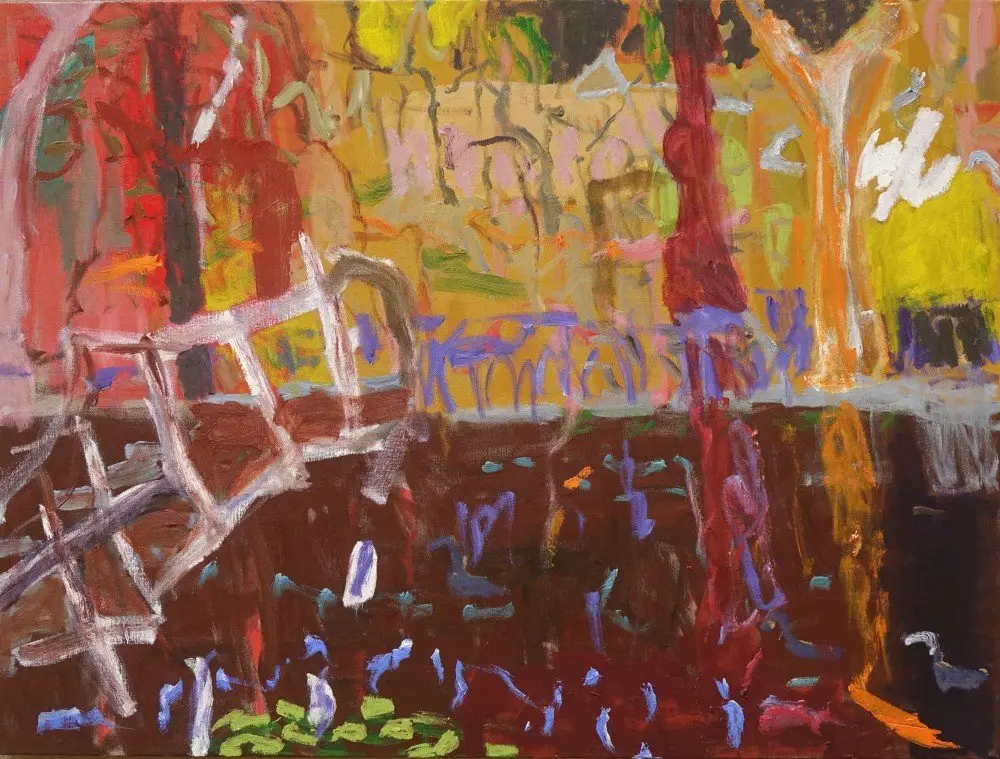 The piano bridge oil on linen by artist Sally Stokes