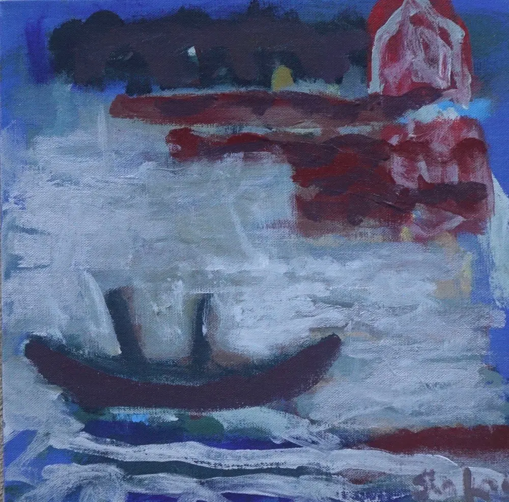 Night canoe oil on linen by artist Sally Stokes
