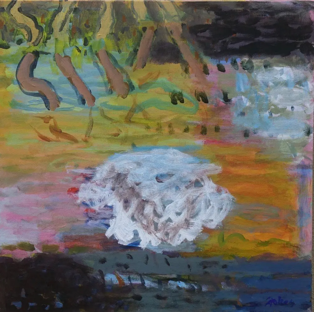 Cloud falls to water acrylic on linen by artist Sally Stokes