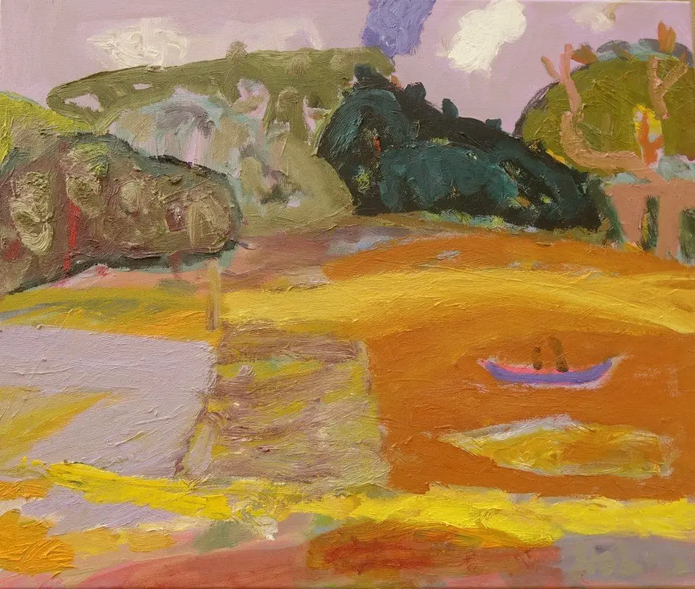 Canoe oil on canvas by artist Sally Stokes