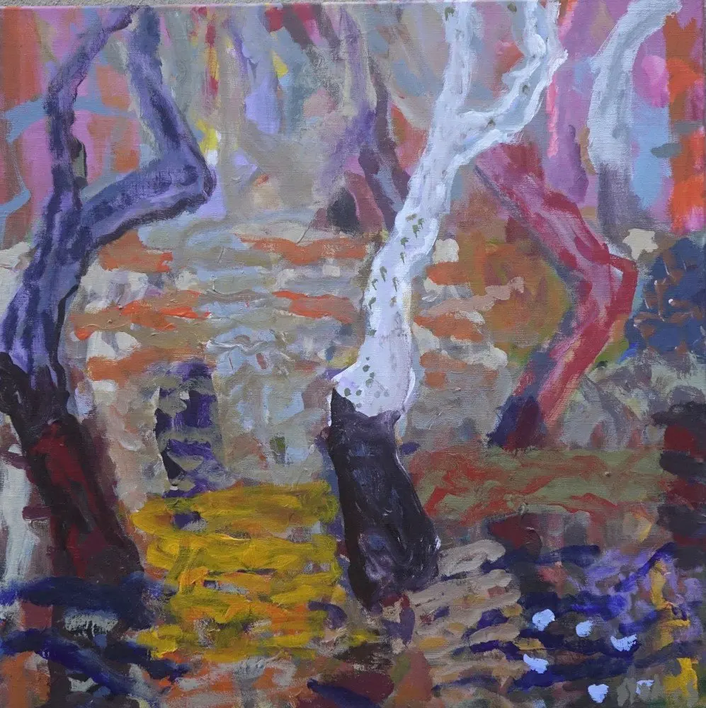 Bending in the wind (SOLD) acrylic on linen by artist Sally Stokes