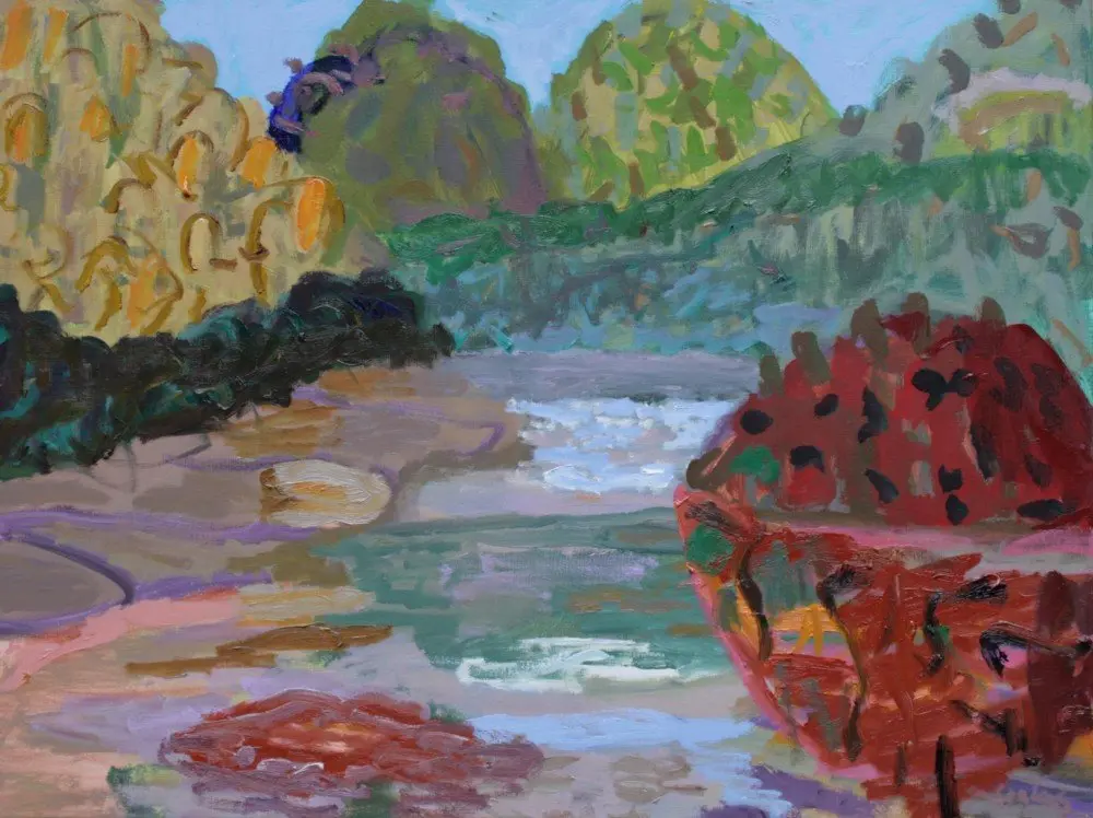 Friendly Island 3 oil/acrylic on canvas by artist Sally Stokes