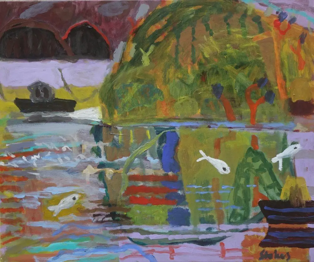 The fish are jumping (SOLD) acrylic on canvas by artist Sally Stokes