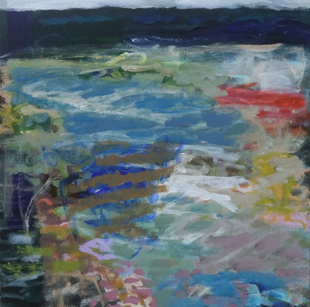 Orange canoe acrylic on linen by artist Sally Stokes
