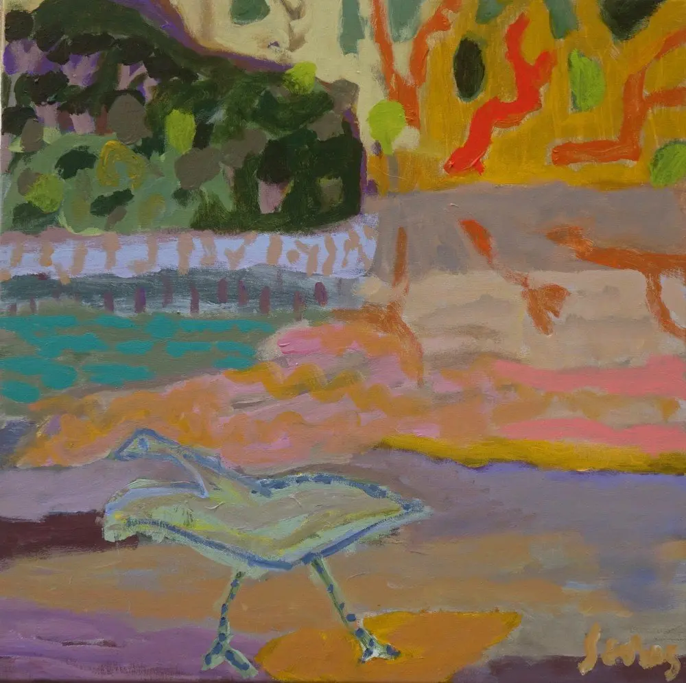 Bird hopping  acrylic on canvas by artist Sally Stokes