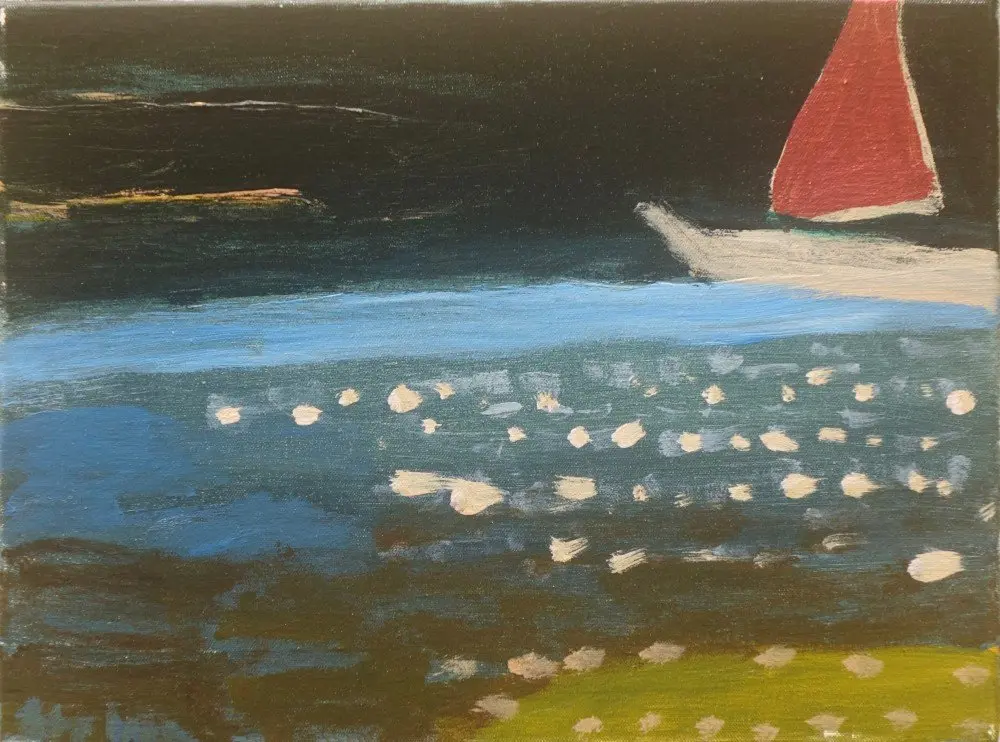 Red sail acrylic on canvas by artist Sally Stokes