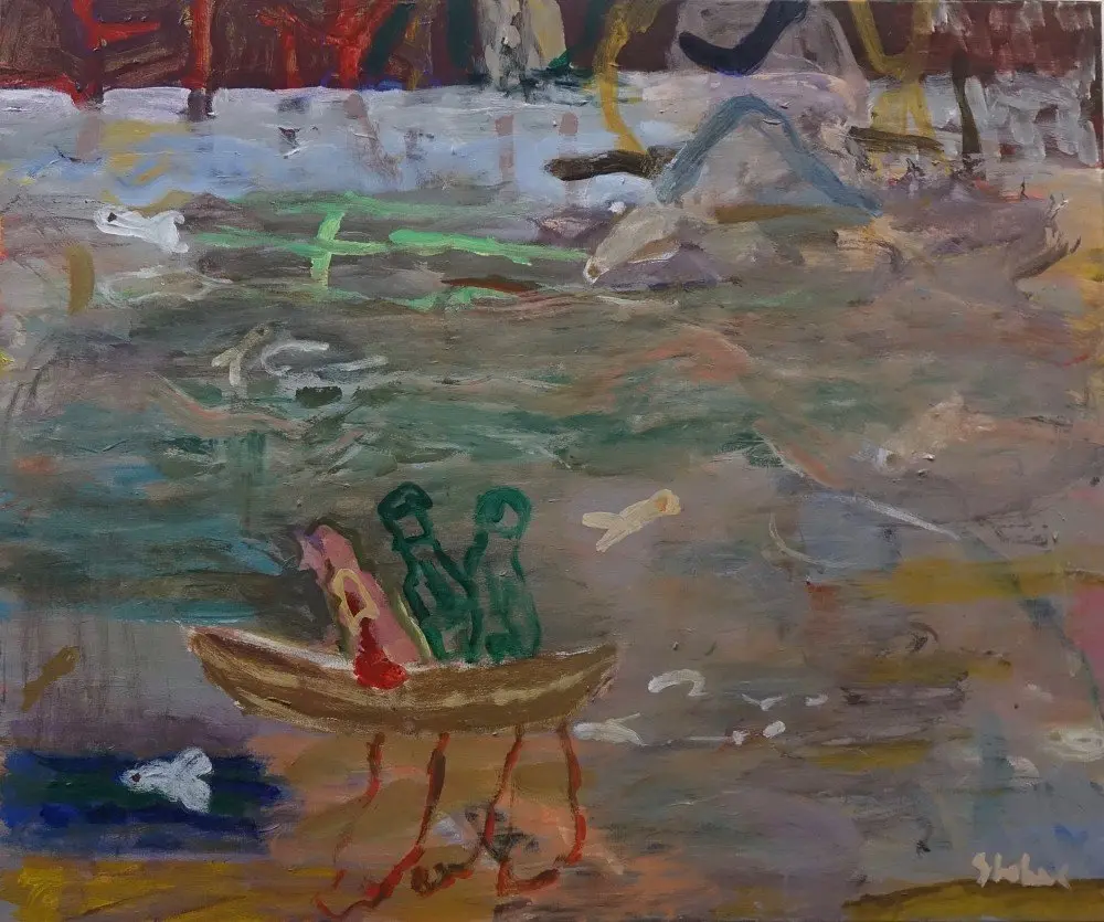 Three men in a boat acrylic on canvas by artist Sally Stokes