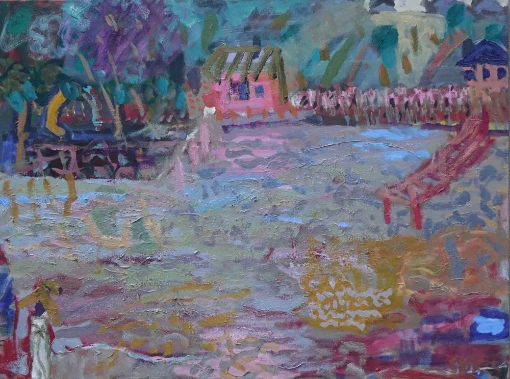 Pink house oil and acrylic on linen by artist Sally Stokes
