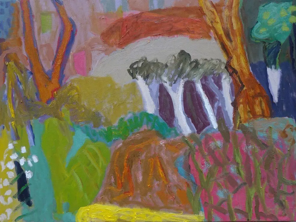 White trunks singing oil on linen by artist Sally Stokes