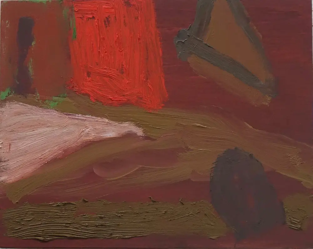 Red oil on panel by artist Sally Stokes
