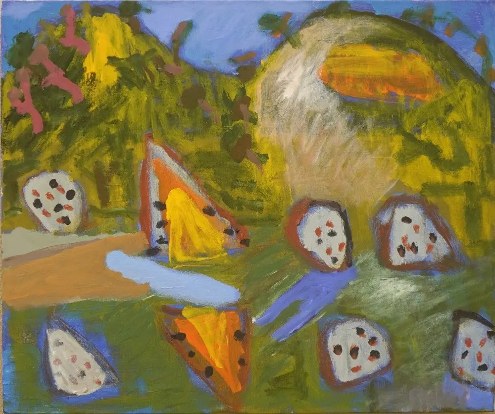 Jumping rocks (SOLD) acrylic on linen by artist Sally Stokes