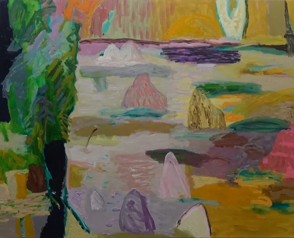 Riverbank oil on canvas by artist Sally Stokes