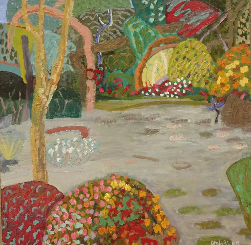 Patersonia (SOLD) oil on canvas by artist Sally Stokes