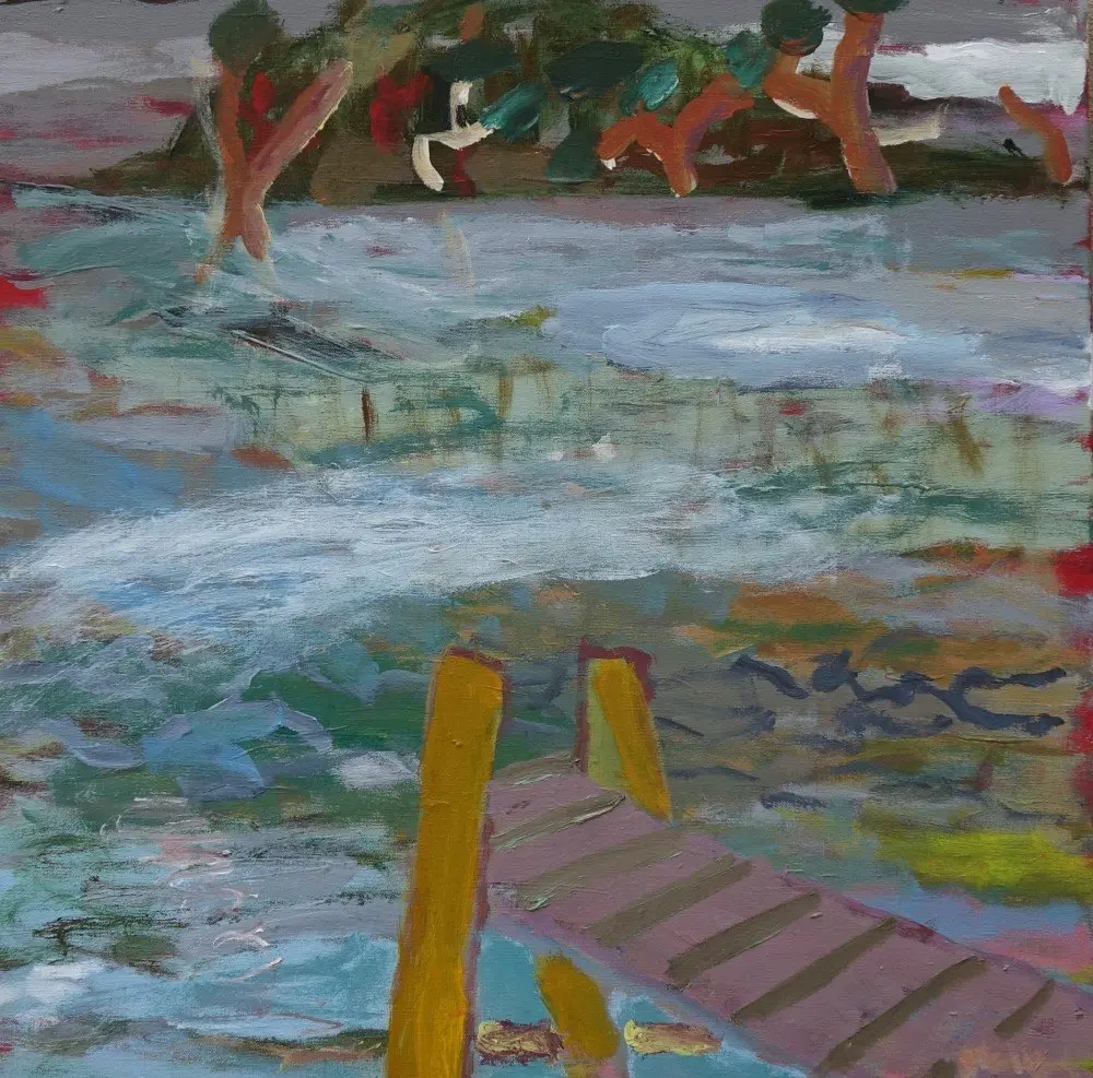 Jetty games acrylic on linen by artist Sally Stokes