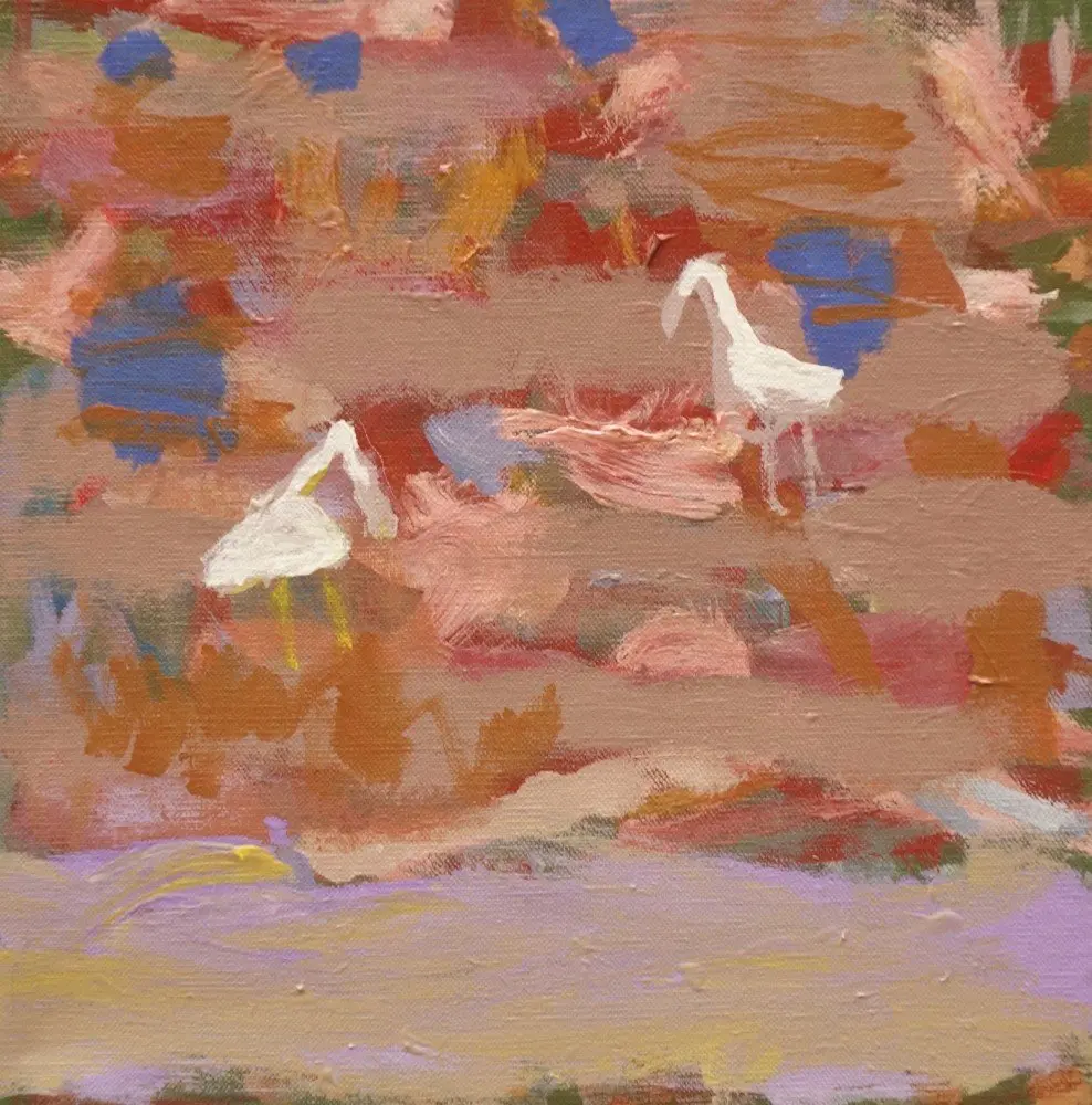Herons in the mud acrylic on linen by artist Sally Stokes
