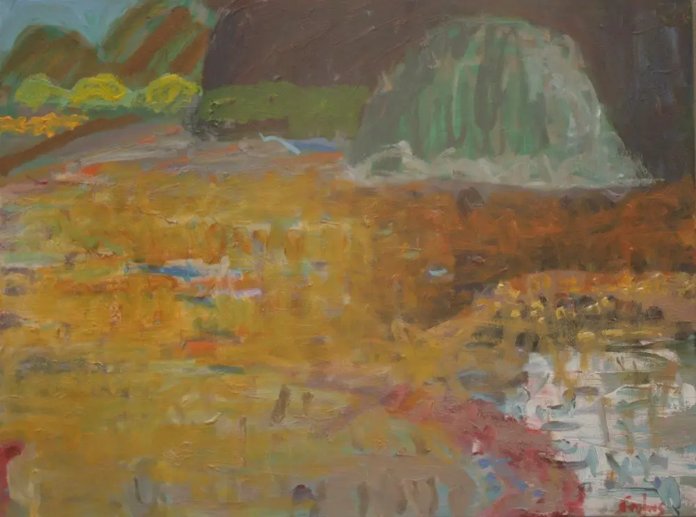Wind on the mudflats oil and acrylic on linen by artist Sally Stokes