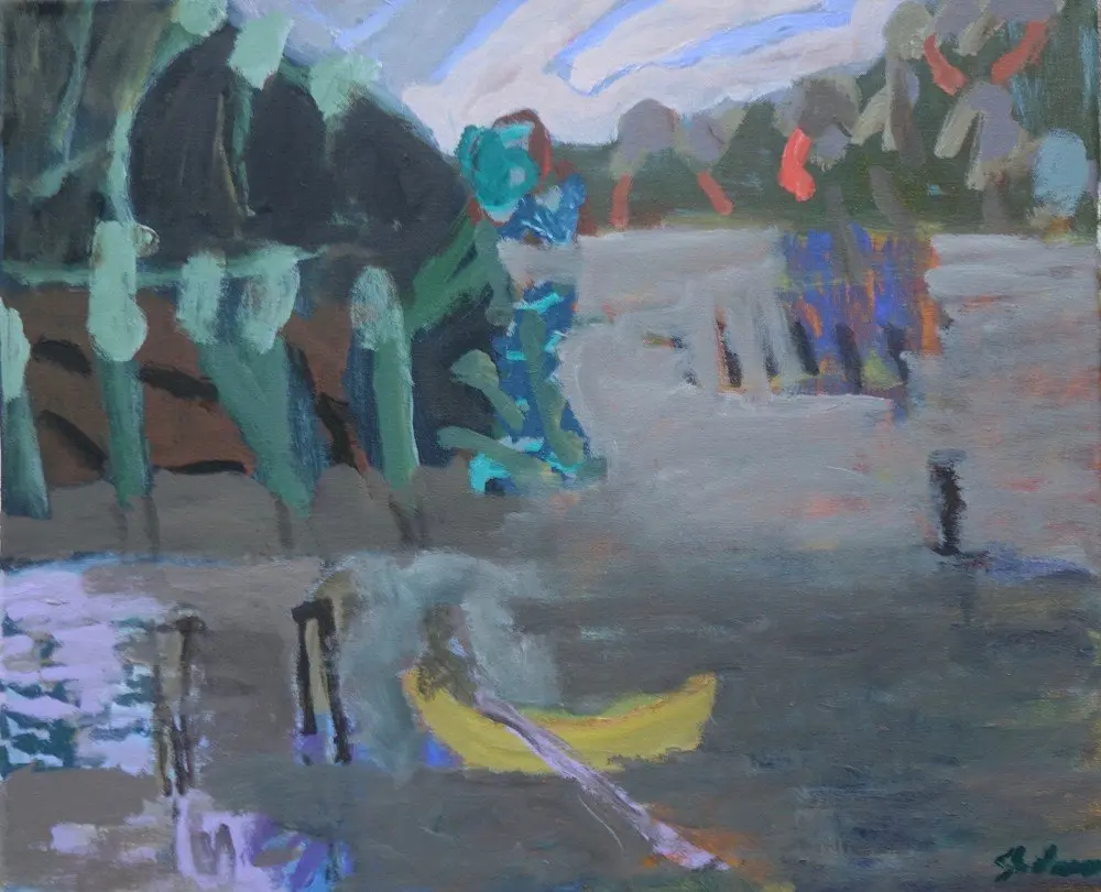 Yellow canoe acrylic on canvas by artist Sally Stokes