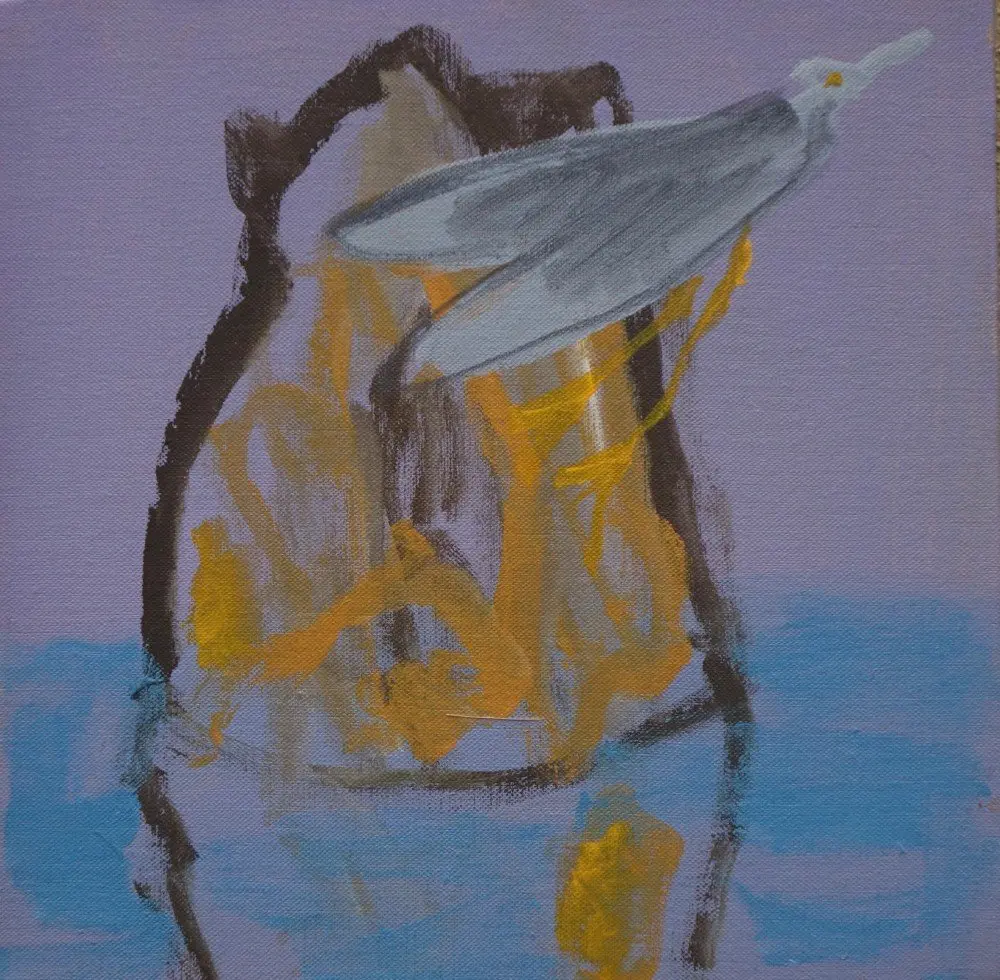 Totem bird acrylic on linen by artist Sally Stokes