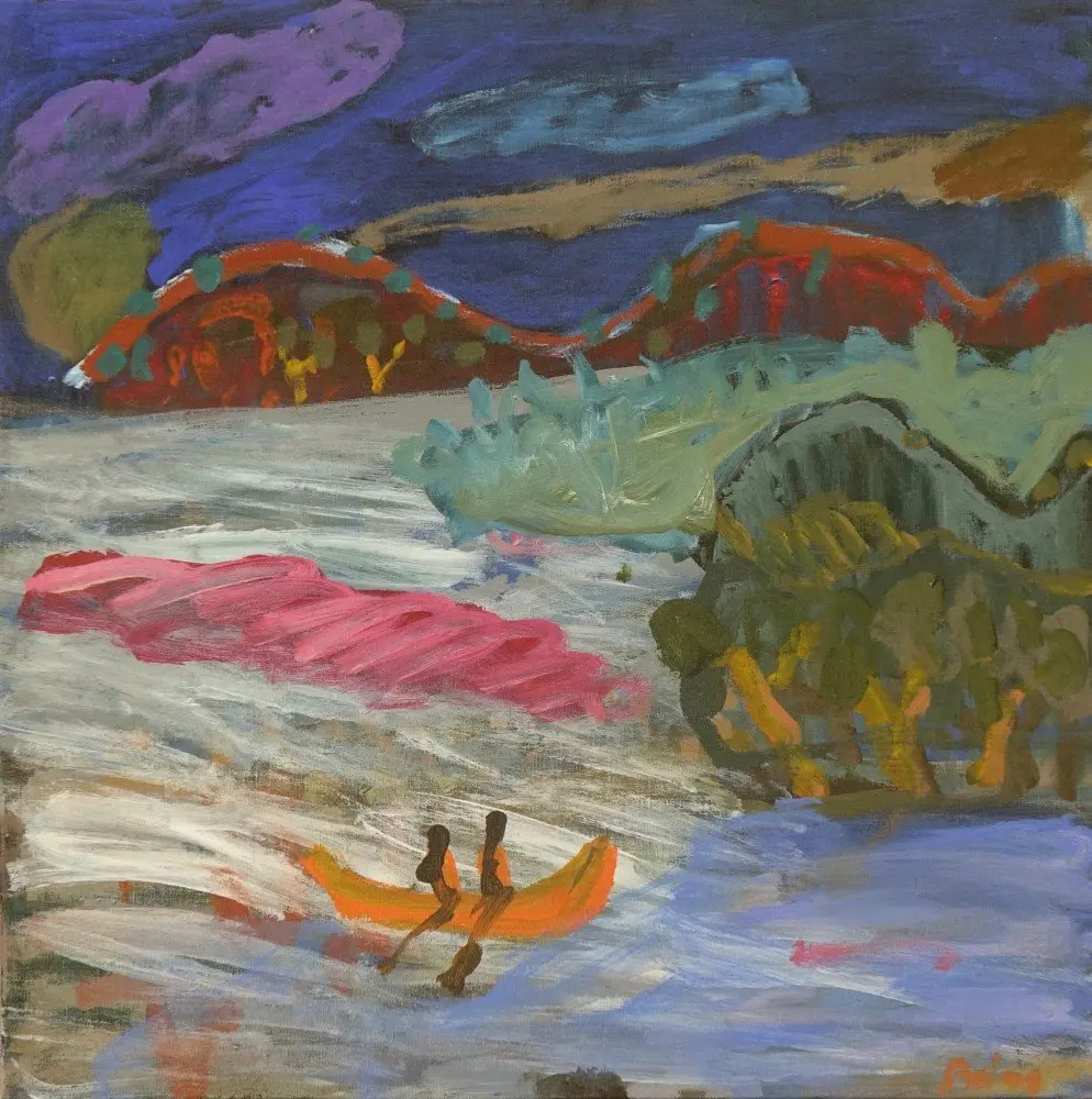Night canoeing  acrylic on linen by artist Sally Stokes