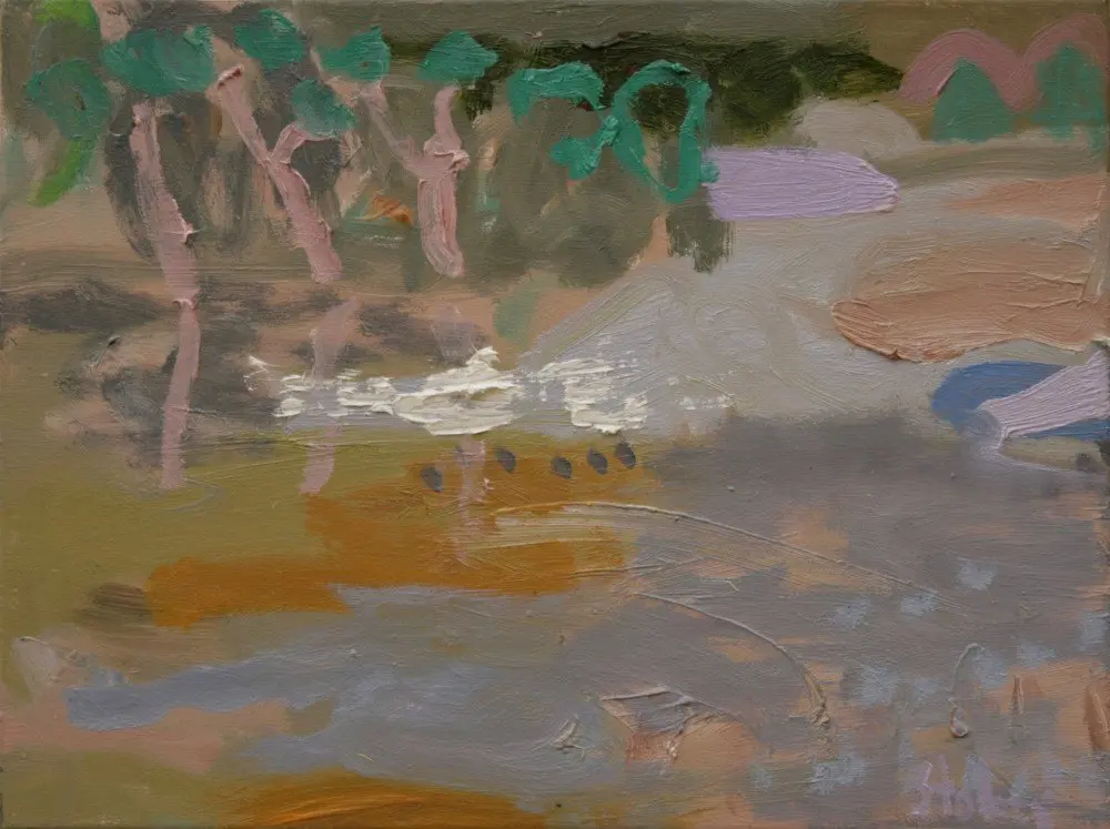 Trees on the river SOLD oil on linen by artist Sally Stokes