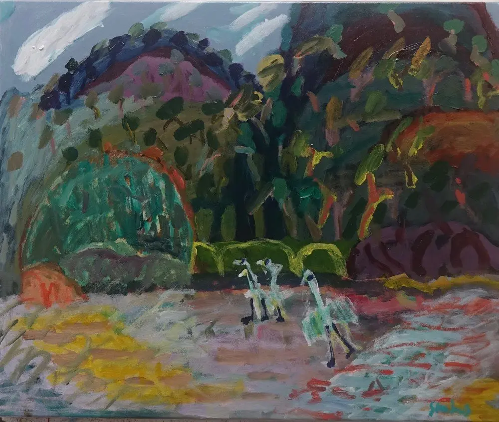 Unexpected visitors acrylic on canvas by artist Sally Stokes