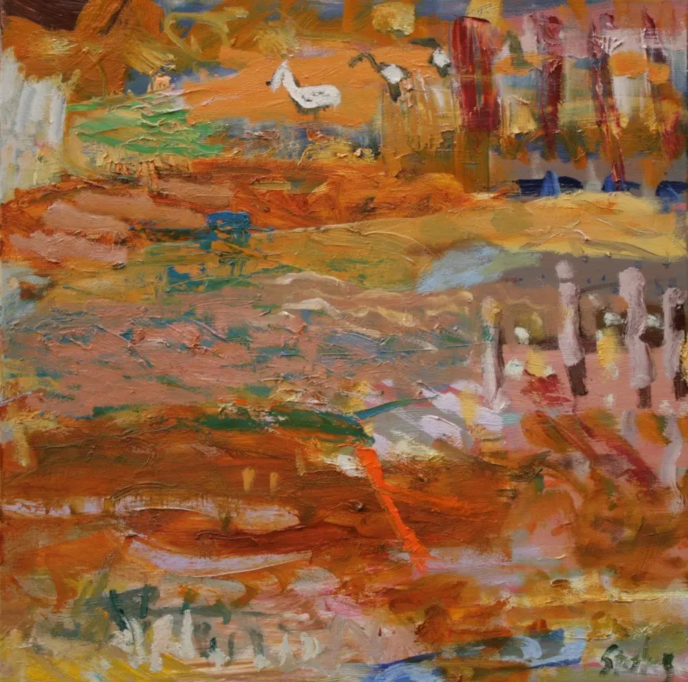 Noises on the river oil on linen by artist Sally Stokes
