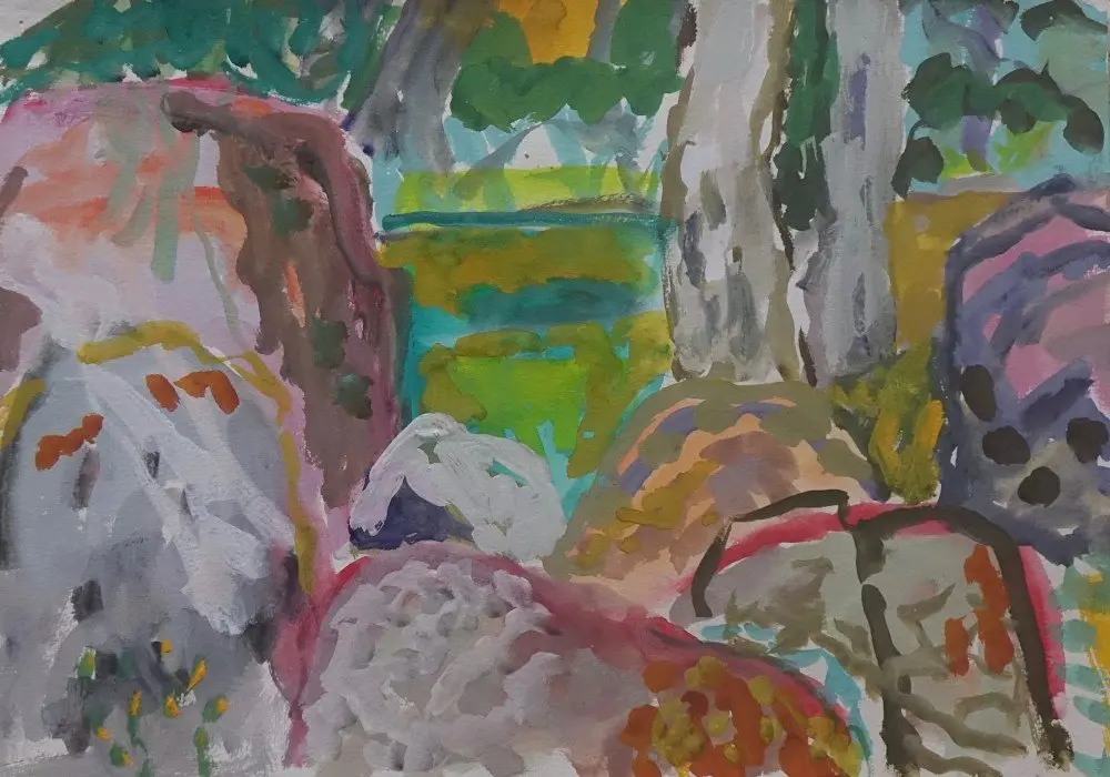 River pinks gouache on paper by artist Sally Stokes