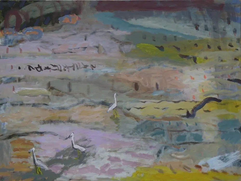 Heron picnic Acrylic on linen by artist Sally Stokes