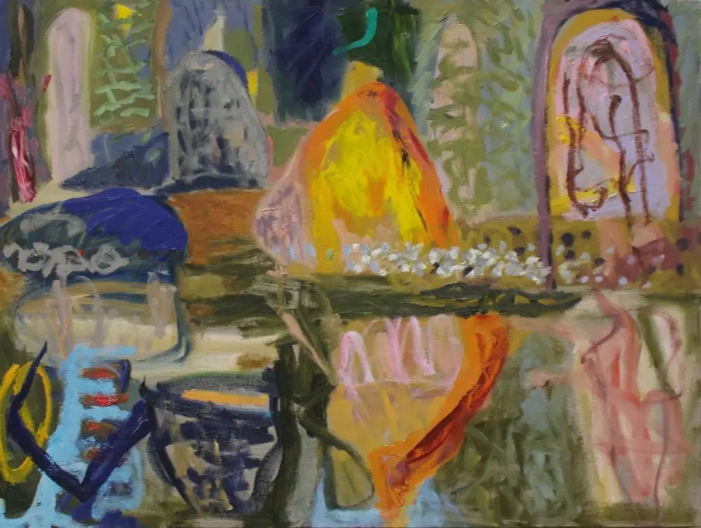 The river talking oil on linen by artist Sally Stokes