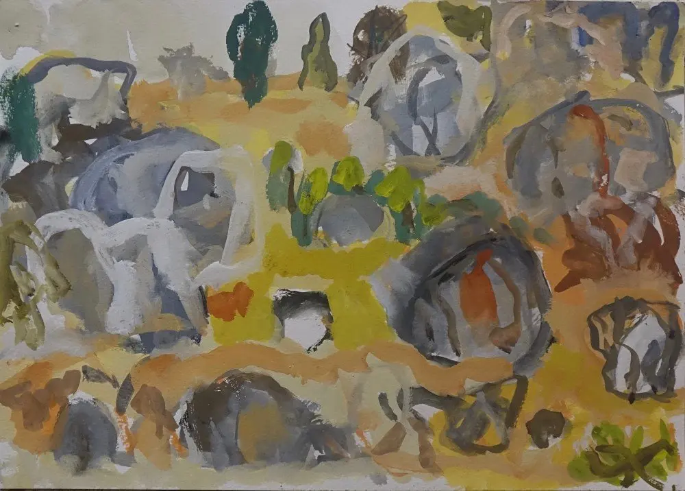 Through the rocks  gouache on paper by artist Sally Stokes