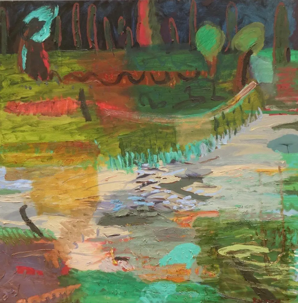 Black swans oil on canvas by artist Sally Stokes