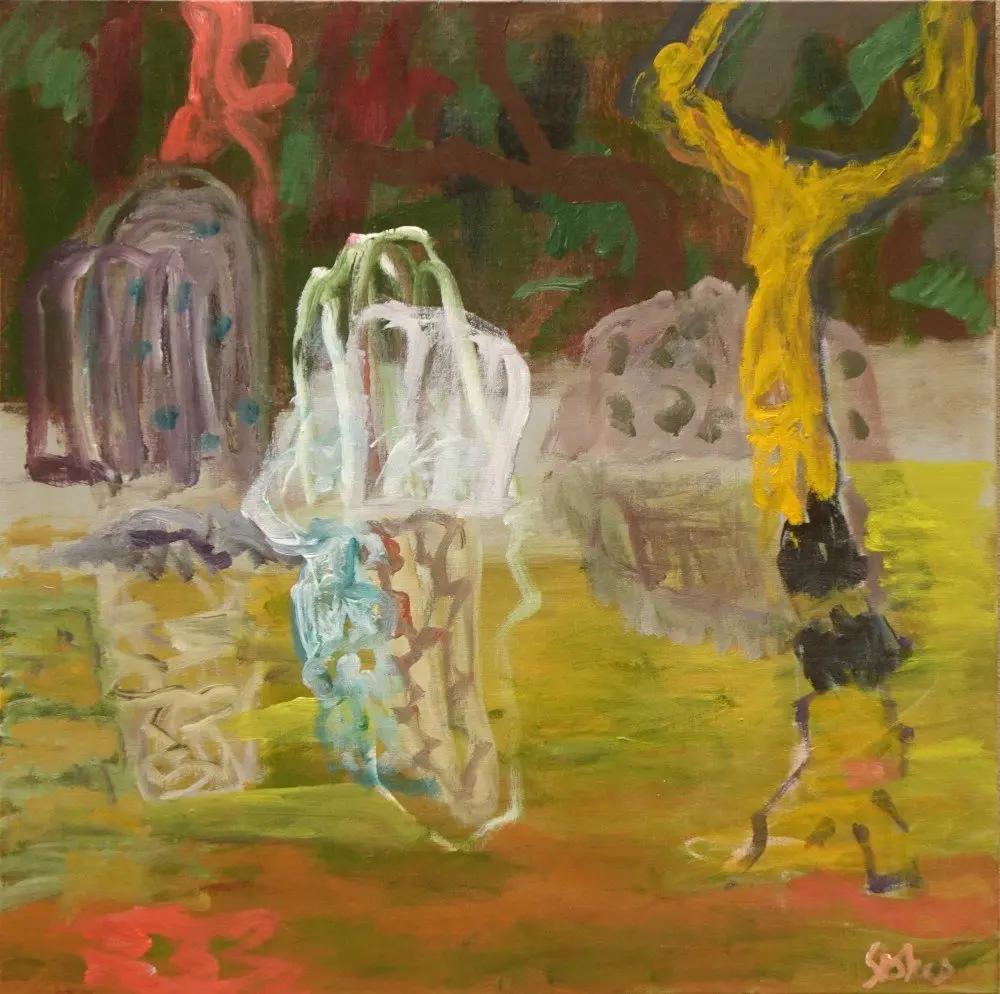 The family of things acrylic on linen by artist Sally Stokes