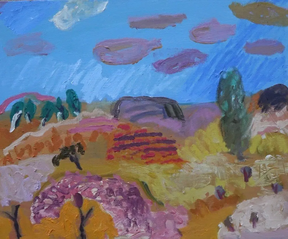 Clouds over the desert oil on linen by artist Sally Stokes