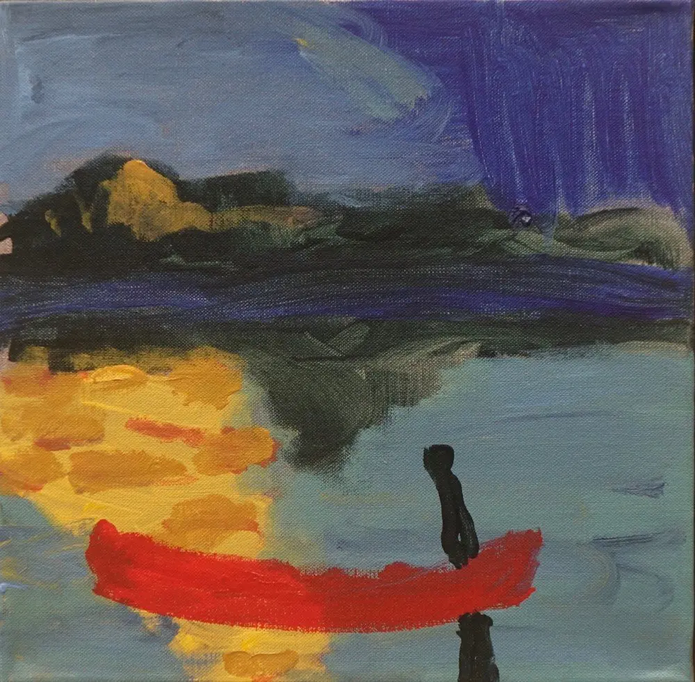 Red canoe acrylic on linen by artist Sally Stokes