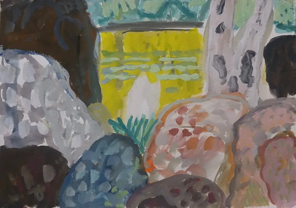 Yellow river gouache on paper by artist Sally Stokes