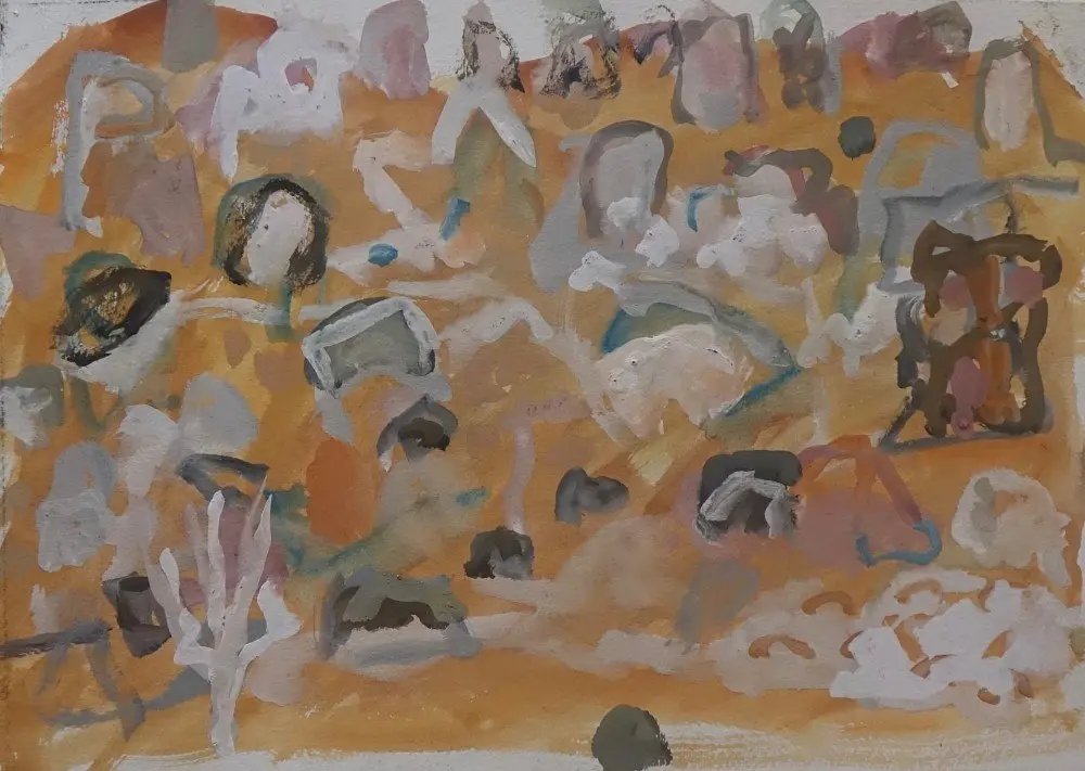 Playful gouache on paper by artist Sally Stokes