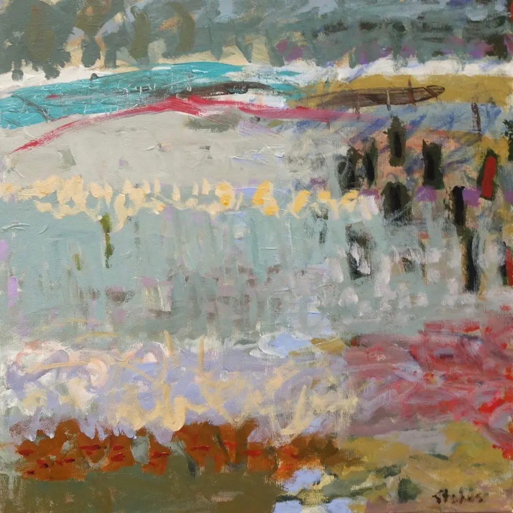 Beyond the boathouse acrylic on linen by artist Sally Stokes