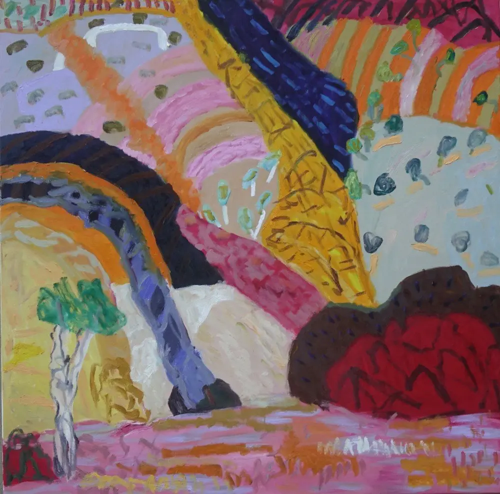 Among the cheeky hills  oil on canvas by artist Sally Stokes
