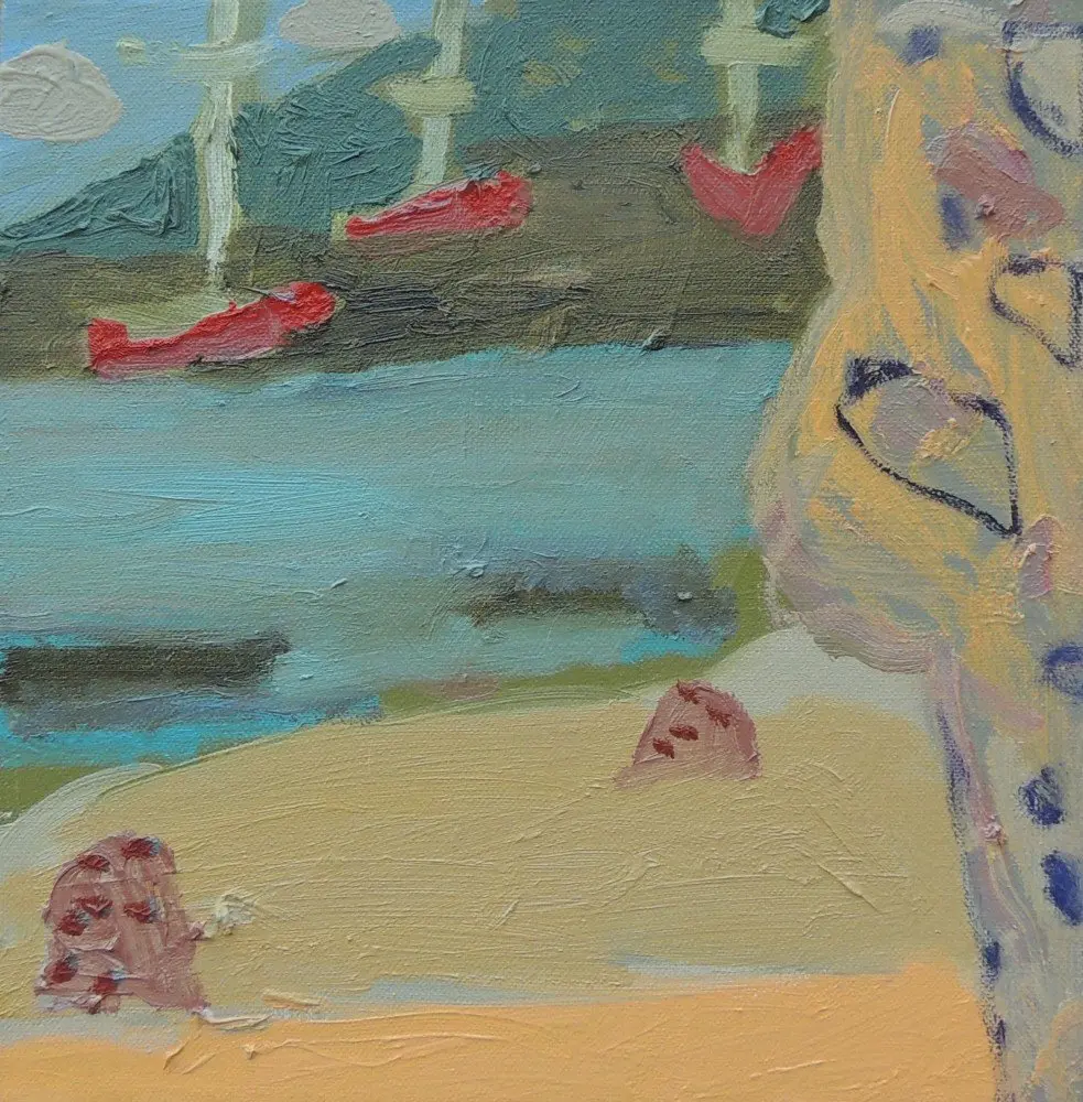 3 red boats oil on canvas by artist Sally Stokes